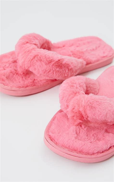 hot pink fluffy slippers.